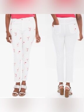 New Chico's So Slimming Girlfriend Ankle Jeans Flamingo Embroidered 0.5 (6)